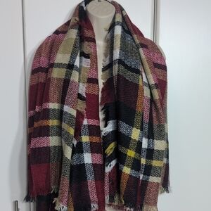 Chic Multicolor Plaid Scarf with Fringe NWOT
